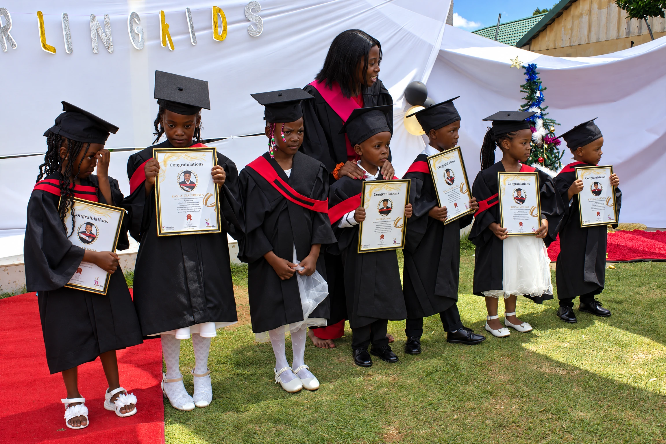 Academy children in black and red graduation gowns stand together with certificates and an adult beside them.